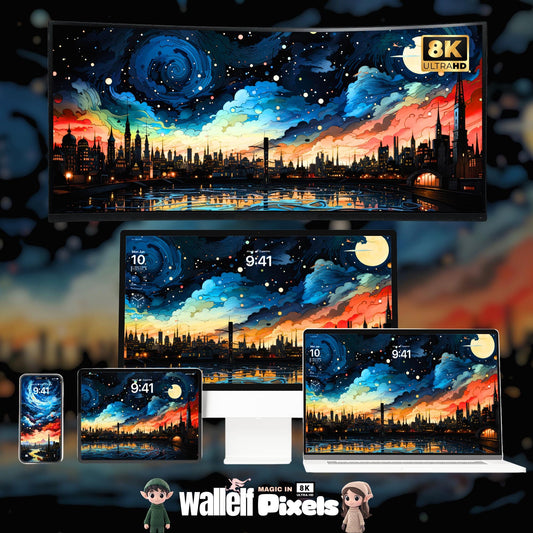 8K Starry Skyline Digital Wallpaper | Cityscape Background for Desktop, iPhone, iPad & MacBook | Vibrant Nightscape Aesthetic | 494