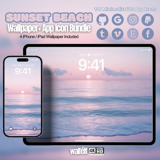 100 Minimalist iOS App Icons & Sunset Beach Wallpaper Bundle | 4 Wallpapers for iPhone iPad | Lock Home Screens| 462