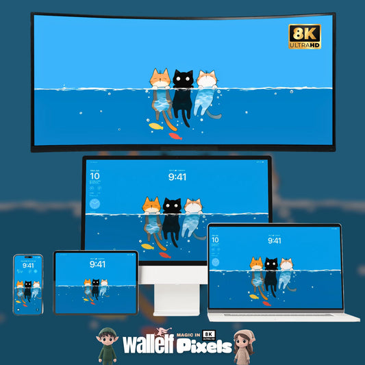 8K Swimming Cats Digital Lock Screen Wallpaper Bundle |Whimsical Animal Backgrounds for All Devices | iPhone, iPad, Laptop & Desktop | 496