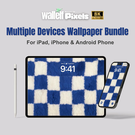 8K Blue Checkerboard Fluffy Texture Wallpaper Bundle |Digital Background for iPad, iPhone & Android | Cozy Aesthetic Screen Design | 498