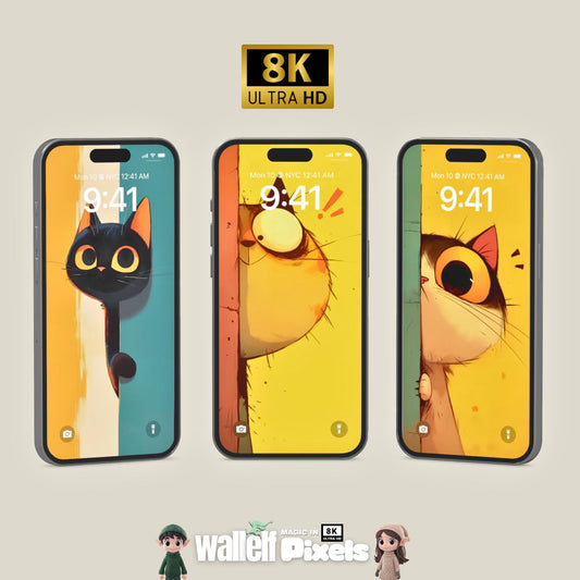 8K Minimalist Playful Cat Smartphone Lock Screens Wallpaper Set | Cute & Whimsical Feline Digital Backgrounds for iOS iPhone Android | 495